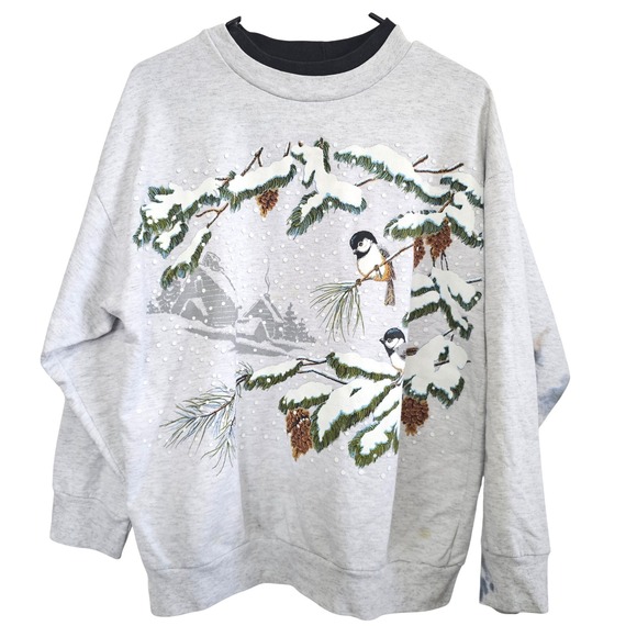 Nutcracker Tops - Vintage NutCracker Chickadee Bird Winter Scene Sweatshirt Gray Large Made in USA